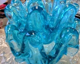 Blue art glass ruffled bowls
