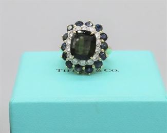 Spectacular 18k TIFFANY AND CO TOURMALINE, SAPPHIRE, AND DIAMOND Ring