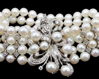 
14K Four Strand Pearl & Diamond Elegant Bracelet -shippable