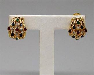 BY ADLER - 18k Gold Earrings EMERALDS, RUBIES, DIAMONDS   -Shippable 