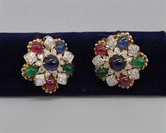
18K Gold Diamond & Tri-Color Precious Stones Earrings-Shippable