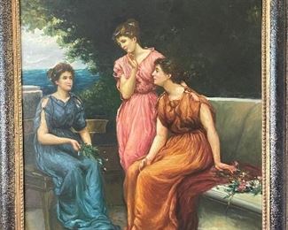 3 ladies painting in a beautiful black/gold frame.