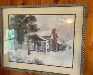 Doug Adams Cabin in the woods in snow, art piece in a nice wooden frame.