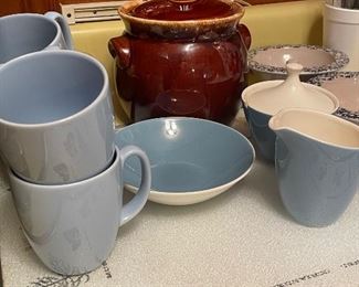 Bean crock and  blue/white dishes.
