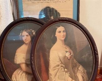 2 oval Victorian Era ladies art work.