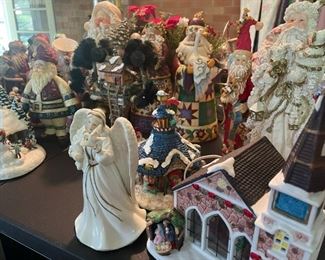 Various holiday decor; figurines, village pieces, angels, santas and more.