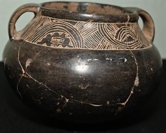 Pre-Columbian Diquis etched pot-broken and repaired. From Costa Rica