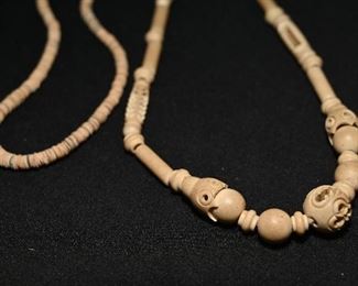 Antique carved bone snake bead necklace and miniature coin bead necklace.
