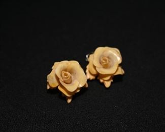 Carved bone rose clip on earrings