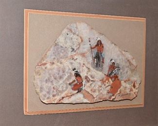 Hand Painted Native American Scene on Stone signed M. Dennis