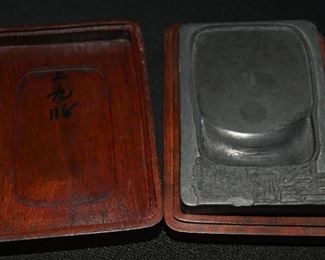 Ch'ing Ching Lung slate inkwell with wood case.