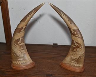Pair of carved snakeskin Dragon horns