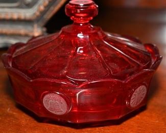 Red fostoria coin glass covered candy dish