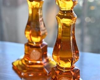 Tall amber fostoria coin glass candle sticks