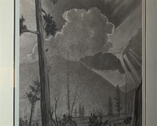 "Sunrise" charcoal landscape by Richard A Roberts.  There is some provenance on the reverse of this piece from Carl Roberts.
