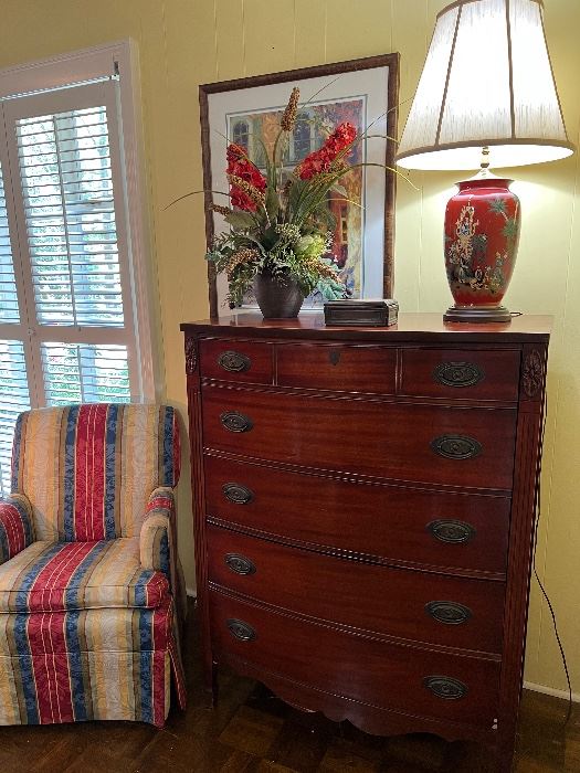 Dixie chest, upholstered chair 