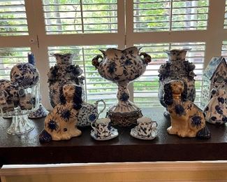 Gorgeous collection of blue & white pieces including Staffordshire dogs