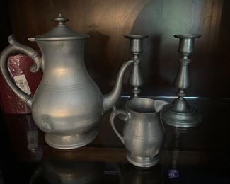 Pewter tea pot, creamer & candlesticks