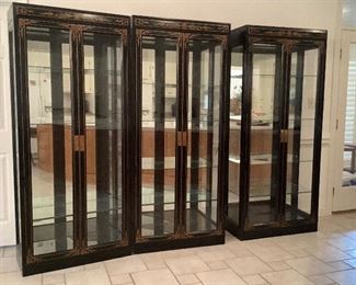 Black chinoiserie cabinets.  These are lighted with adjustable glass shelves.  Discounted price if purchase all three.  $300/cabinet.