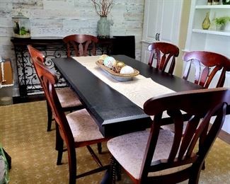 Dinging Room table one leaf, 6 Walter E. Smithe chairs. rug,