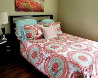 Queen bedframe, w/ drawers under bed. matching nightstand and dresser, full size mattress on queen frame