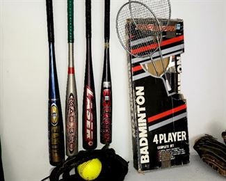 Baseball bats, baseball gloves, badminton