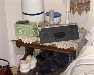 Would side table with radio and dehumidifier