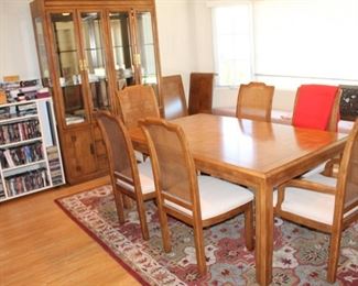 Henredon dining table with chairs, Pottery Barn rug, Henredon china cabinet