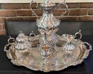 Reed and Barton mid 20th century Winthrop silver plated samovar w/creamer, covered sugar, waste bowl and tray
