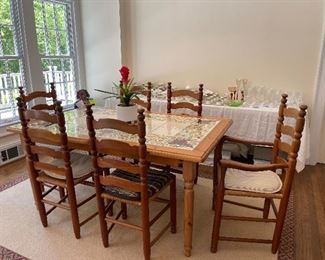 pine breakfast table w/Italian tile top 
set six ladder back chairs
