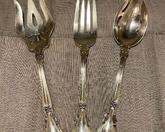 Gorham Chantilly sterling vegetable fork, serving fork and pierced serving spoon