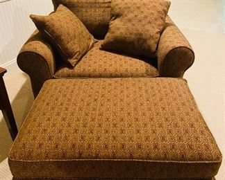 PAIR OF OVERSTUFFED CHAIRS ONE WITH OTTOMAN