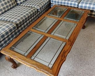 Circa 1960 Solid Oak Beveled Glass Coffee Table