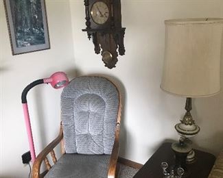 platform rocker, 1 of 2 end tables and a wall clock 