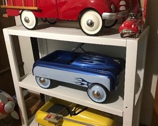 3 wonderful Pedal Cars!!!!!!!!!!!!! Top - the "1937"Fire Department Truck, middle - the 1950 AM Fi, bottom - the New York City Checker Taxi (Murray) note the drive in lunch tray! along w/ ~15 others!!!