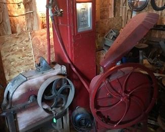 1935 Phillips 66 gas pump - Wayne Co.       with a couple of corn shelters/grinders, upper right corner is one of 3 dozen hub caps.