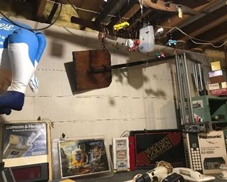 Wooden snow shovel, Benson & Hedges cigarette lited sign, Old Style light up sign, Stag on draft light up sign, Seagram's Golden wine light up sign, NIB Panasonic RJ 3200 car radio/CB