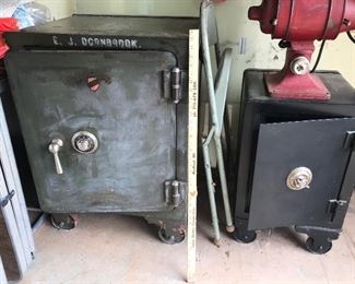 The one on the left is a Diebold safe and the one on the right is a VICTOR - In hoc Signo Vincimos safe w/ a Steiner coffee grinder on top.