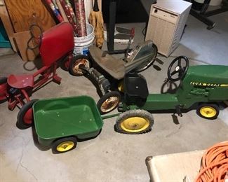 upper left - 1941 BMC Junior Tractor                                    middle - X15 Varoooooom  by Mattel                                   right - John Deere Power tractor                                                   lower left - John Deere trailer/cart