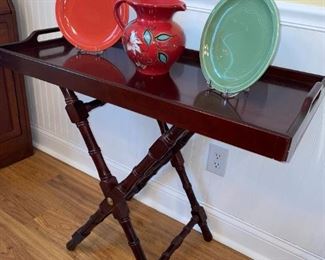 Bombay Co. Serving tray on Stand, Gail Pittman Southern Living Red Pitcher, Syracuse China Cantina Plates!