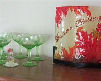 Depression glass stems and candle lit decoration