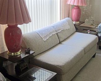 Sofa bed matching the sofa, pair of coral color table lamps