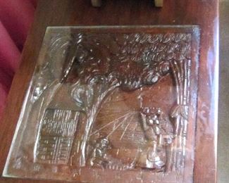 Carved top (glass protected) one of a pair of end tables