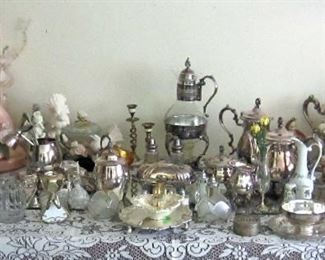 Silver plate, glass, and ceramic serving pieces 
