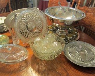 Glass serving items and very large silver plate punch bowl set