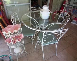Iron and glass dinette set and curio stand