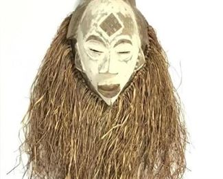 Large Carved Wood & Raffia African Mask
