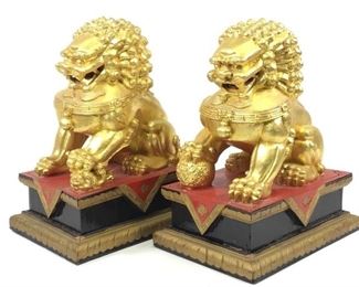 Pair Carved & Gilt Painted Foo Dog Statues
