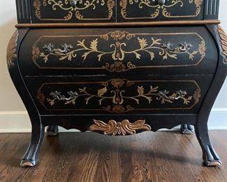 Black Bombay Chest. Gold trim and 4 drawers. 36"w x 33"h x 16"d.
