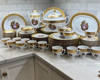 Limoges China, Gold Trim,  Fragonards "Dancing Couple" 83 Pieces, 12 Place Settings